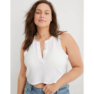 AERIE Women’s White Sleeveless Waffle Sunspun Henley Cropped Tank Top Size Small